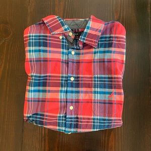 pink and blue plaid long sleeve button down
